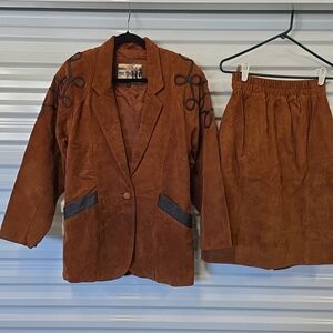 Vintage Atlantic Beach Brown Suede Leather Jacket Skirt Set Women’s M
